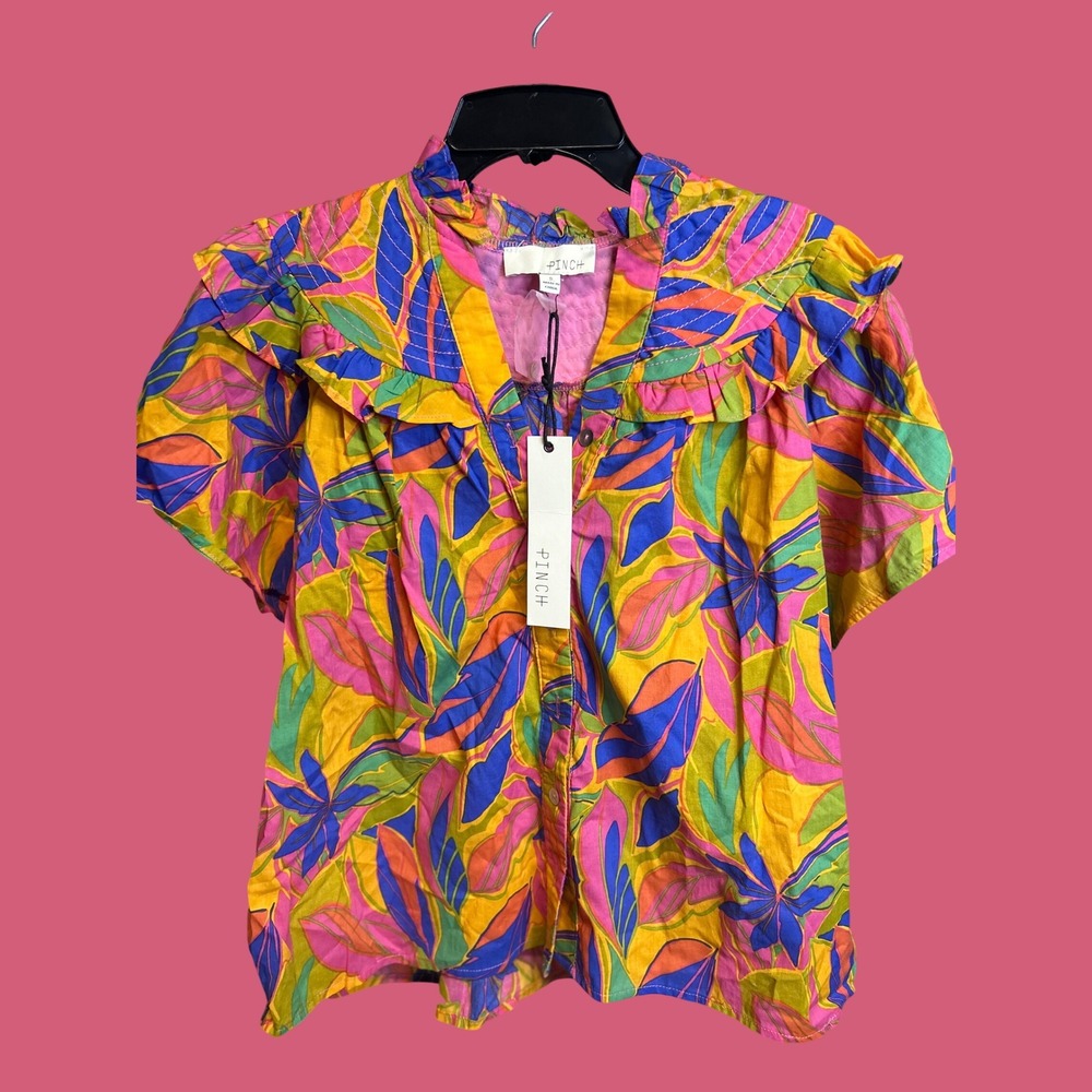 PINCH NWT Blouse Women Small Pink Multi Denton Print Boho Ruffle Tropical Cotton